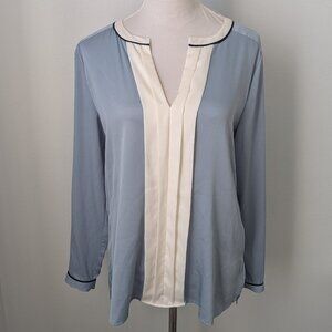 Ann Taylor Light Blue, Black & White Flowy Long Sleeve Blouse, Medium